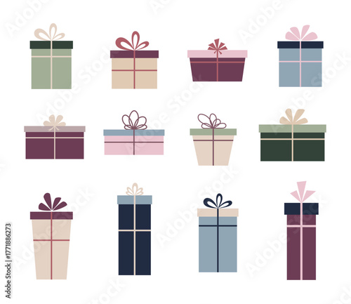 A set of gift boxes with a bow in pastel shades isolated on a white background, vector illustration, flat design. A collection of gift icons. Graphic element for celebration, decoration, design