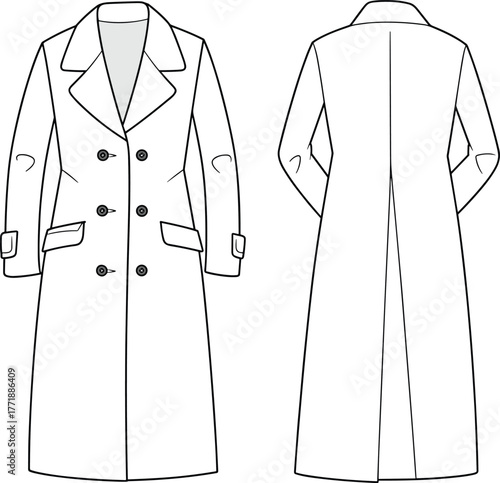 Long double-breasted coat illustration, technical fashion sketch, front and back view, tailored outerwear design, garment construction drawing, professional apparel template