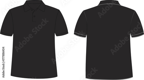 Black polo shirt front and back view, short sleeve collar t-shirt template design, plain clothing fashion technical flat vector illustration