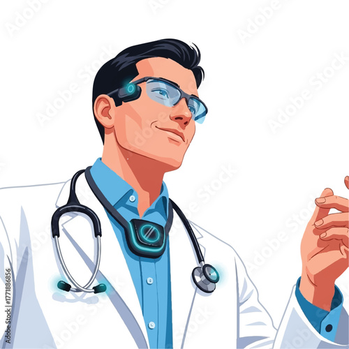 Confident physician consults remotely with a patient through an interactive 3D screen.