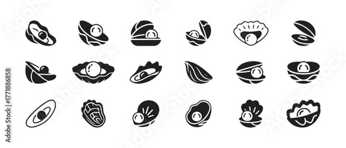Open oyster shell icon set, oyster shell graphic symbol, pearl simple flat design, open oyster shell websites and app designs, vector illustration EPS 10.