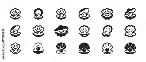 pearls icons set, ocean seashell and pearl icons set isolated, oyster shell graphic symbol, vector illustration EPS 10.