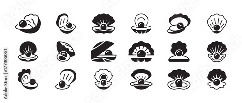 Open oyster shell icon set, oyster shell graphic symbol, pearl simple flat design, open oyster shell websites and app designs, vector illustration EPS 10.