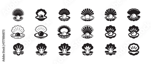 Seashells pearls icons set, open revealing a precious pearl, stylized black and white open seashell with pearl, vector illustration EPS 10.