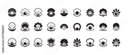 pearls icons set, ocean seashell and pearl icons set isolated, oyster shell graphic symbol, vector illustration EPS 10.