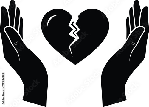 Broken heart protected by hands vector illustration, emotional support and love loss concept, black and white minimalist design symbolizing care, compassion, and healing