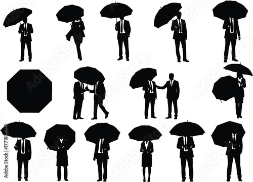 Business people holding umbrellas silhouette set, teamwork and cooperation concept vector illustration, corporate protection, rain weather, and partnership design for office theme