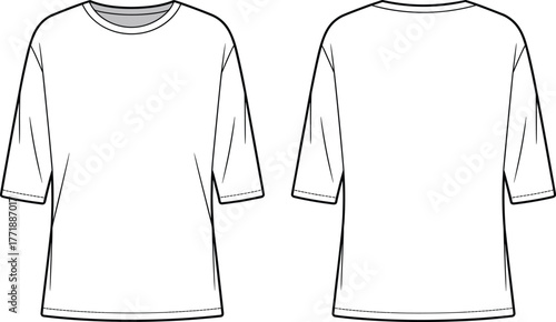 Plain T‑shirt flat sketch, fashion technical drawing, half sleeve tee design, round neck shirt, apparel template, front and back view, vector outline