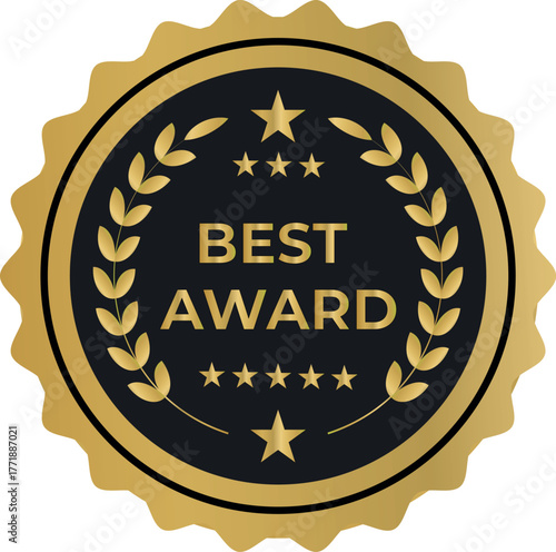 Gold and Black Best Award Seal with Stars and Laurel Wreath vector illustration related to gold seal, best award, laurel wreath, gold badge, award seal, star emblem, premium design, victory medal,