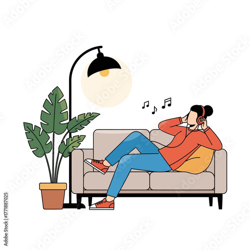 Relaxing person listening to music on sofa with plant and lamp home interior scene