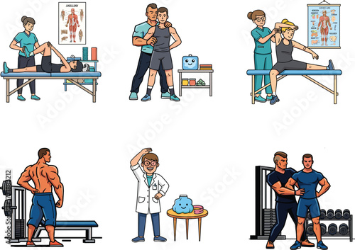 Cartoon Physical Therapy, Fitness Training, Gym Workout, Health Education, Muscle Anatomy, Doctor Consultation, Rehabilitation, Exercise, Wellness, Medical Illustration