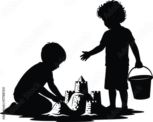 Children building sandcastle on beach with bucket, summer vacation fun, teamwork and creativity concept, black silhouette vector illustration for design and decoration