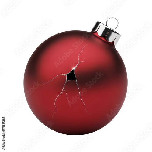 Extreme close-up macro of a single matte red glass Christmas ornament with silver cap and subtle hairline crack, isolated on a transparent background with soft shadow, delicate beauty and imperfection