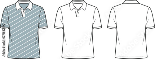 Classic striped polo shirt flat fashion sketch with front and back technical drawing, casual summer clothing design template cad vector illustration
