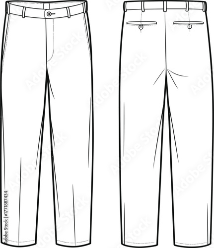 Classic men's trousers front and back technical flat sketch, detailed CAD pants fashion design, apparel blueprint vector illustration drawing