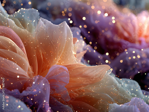 a surreal, otherworldly landscape with a mix of purple, orange, and blue hues. The scene appears to be a digital artwork, featuring abstract, mountain-like formations and a dramatic sky