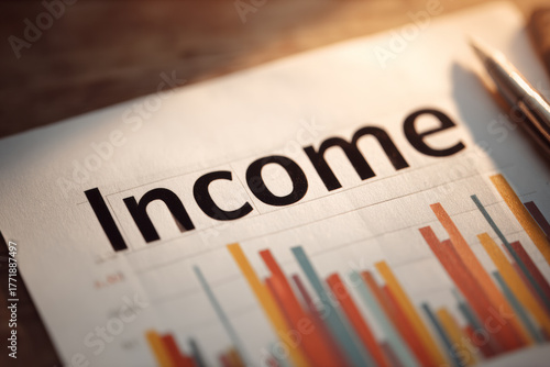 The word 'Income' printed in green on a financial paper or spreadsheet, next to a pen.