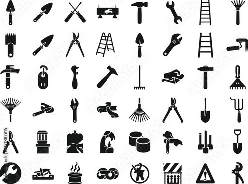 Construction and gardening tools black silhouette icons set, vector illustration of equipment symbols for repair, maintenance, DIY projects, building, and landscaping design