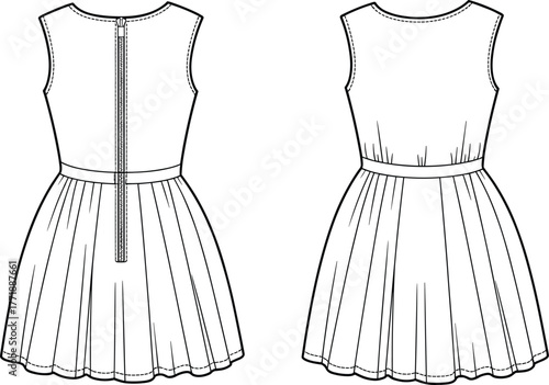 Sleeveless pleated dress design, fitted bodice fashion sketch, flared skirt silhouette, women’s apparel illustration, stylish garment drawing, technical flat clothing template