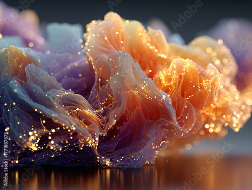 a surreal, otherworldly landscape with a mix of purple, orange, and blue hues. The scene appears to be a digital artwork, featuring abstract, mountain-like formations and a dramatic sky