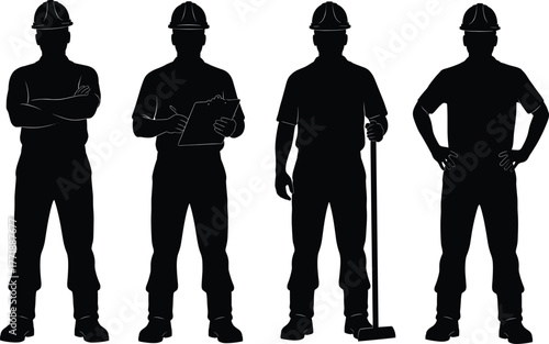 Construction workers in safety helmets standing with tools and clipboard, teamwork and labor concept, industrial people vector illustration for engineering design