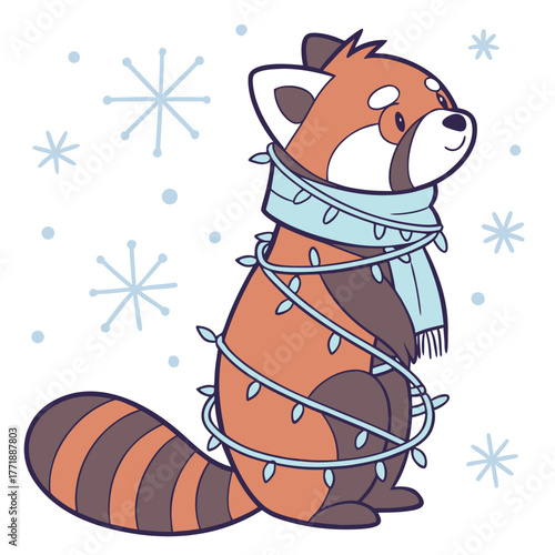 Bashful expression on a Red Panda in a Cozy winter theme, with wrapped in fairy lights – Frosty Winter vector art