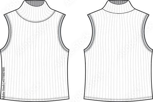 Sleeveless ribbed mock neck top, high collar fashion design, women’s apparel sketch, stylish garment illustration, technical flat drawing, modern clothing template