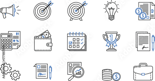 Outlined Business Icon Set. Visual Elements of Finance, Planning, Innovation, Success, Agreements, Tools, Analysis, Goals, and Professional Work