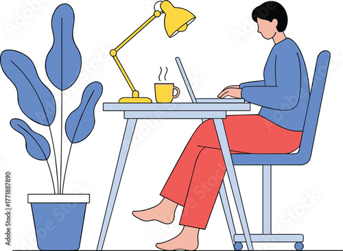 Remote Work Comfort. Casual Home Office Scene with Laptop, Coffee, Desk Lamp, Potted Plant, and Barefoot Focused Professional in Blue
