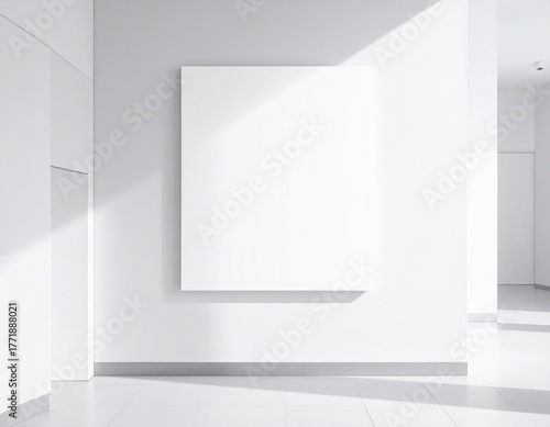 Wallpaper Mural Blank canvas hanging on a white wall with sunlight streaming in, creating a minimalist and modern gallery space Torontodigital.ca