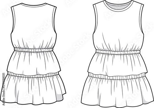 Sleeveless tiered dress design, elastic waist fashion sketch, gathered skirt silhouette, women’s apparel illustration, stylish garment drawing, technical flat clothing template