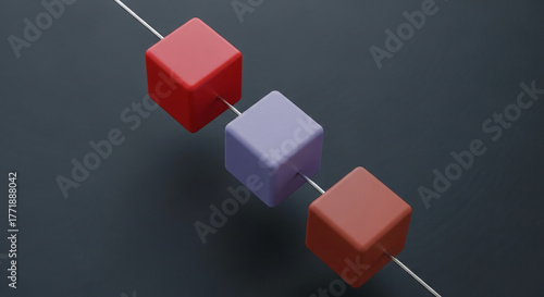 Fototapeta Naklejka Na Ścianę i Meble -  Image shows three cube of different color connected by metal rod, suggesting connectivity, balance, and structure, great for network or data concept