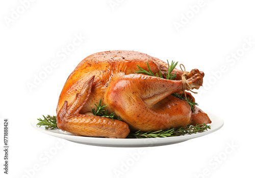 Whole roasted thanksgiving chicken meal isolated on a transparent or white background. PNG
