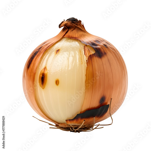 Whole cooked roasted onion vegetable isolated on a transparent or white background. PNG