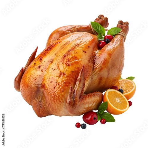 Whole roasted thanksgiving chicken meal isolated on a transparent or white background. PNG
