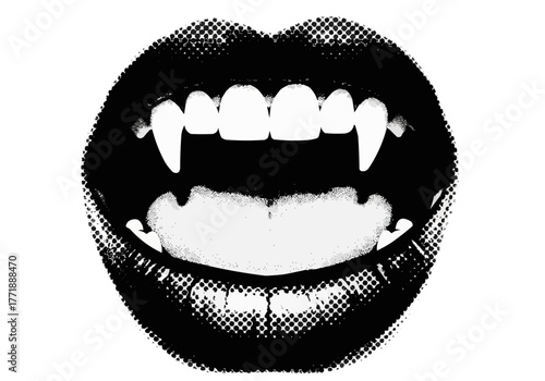 Monochromatic halftone illustration of open mouth with fangs showing teeth and tongue clearly visible on transparent background
