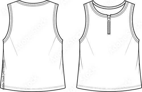 Sleeveless zipper tank top, round neckline fashion design, women’s apparel sketch, stylish garment illustration, technical flat drawing, modern clothing template, casualwear design
