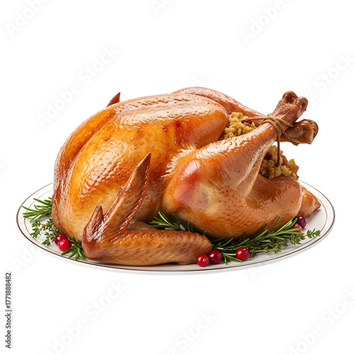 Whole roasted thanksgiving chicken meal isolated on a transparent or white background. PNG
