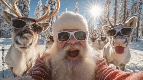 A fun, wide-angle selfie of Santa Claus wearing sunglasses and making an excited face, posing with his reindeer (also wearing sunglasses) in a bright, snowy forest landscape.