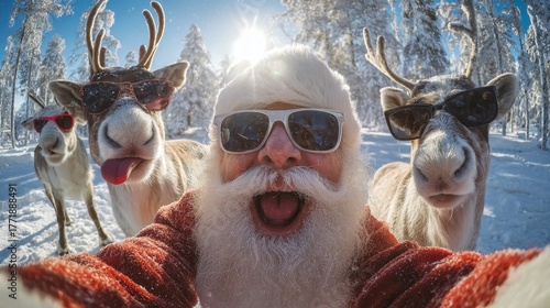A fun, wide-angle selfie of Santa Claus wearing sunglasses and making an excited face, posing with his reindeer (also wearing sunglasses) in a bright, snowy forest landscape.