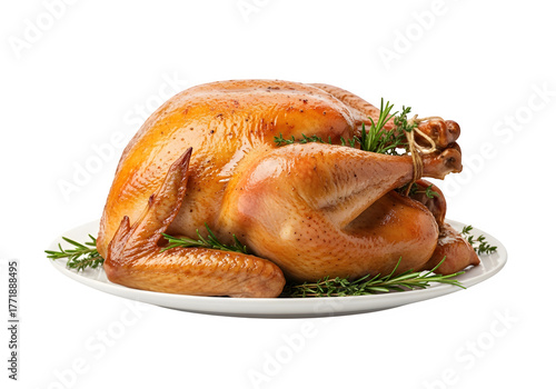Whole roasted thanksgiving chicken meal isolated on a transparent or white background. PNG
