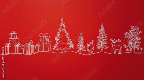 A horizontal banner illustration featuring a continuous white line drawing of Christmas motifs (trees, gifts, Santa Claus, reindeer) against a vibrant solid red background.