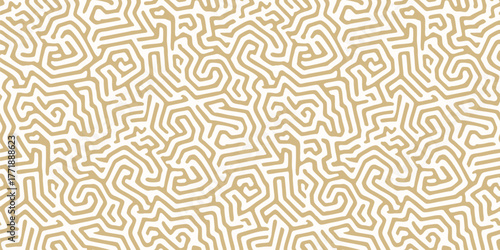 Golden seamless pattern with abstract maze, labyrinth, organic shapes, fluid lines. Simple gold and white vector background with biological structures, brain texture, coral. Repeating geo design