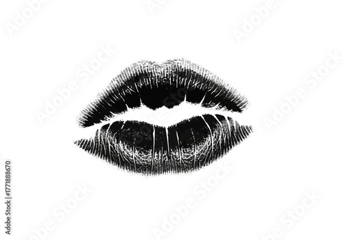 An artistic monochrome image featuring a detailed black lipstick kiss mark on a white background space on transparent background