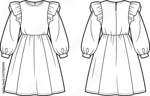 Women’s ruffle detail dress technical fashion illustration, front back view, puff sleeve gown design, fitted waist apparel flat sketch, garment construction template