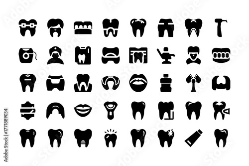 Dental Icons Oral Care Teeth Symbols Dentist Clinic Braces Whitening Mouthwash Floss Toothbrush Extraction Implants Hygiene Collection