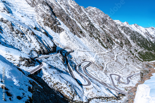 View of the Snow  Transfagarasan Highway Mountain Road in sunny day, Carpathians, Romania