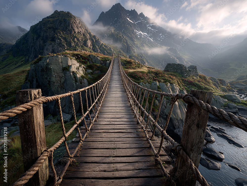 Obraz premium a narrow wooden bridge with rope railings, stretching across a rugged rocky terrain. In the background, misty mountains rise