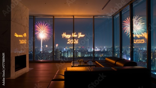 Luxury apartment New Year's Eve celebration with fireworks over city skyline, modern interior, 2026, festive atmosphere