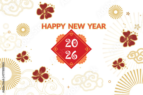 Happy new year decor with asian flower. Traditional asian happy new year 2026 greeting card with floral and cloud elements. Happy new year 2026.
